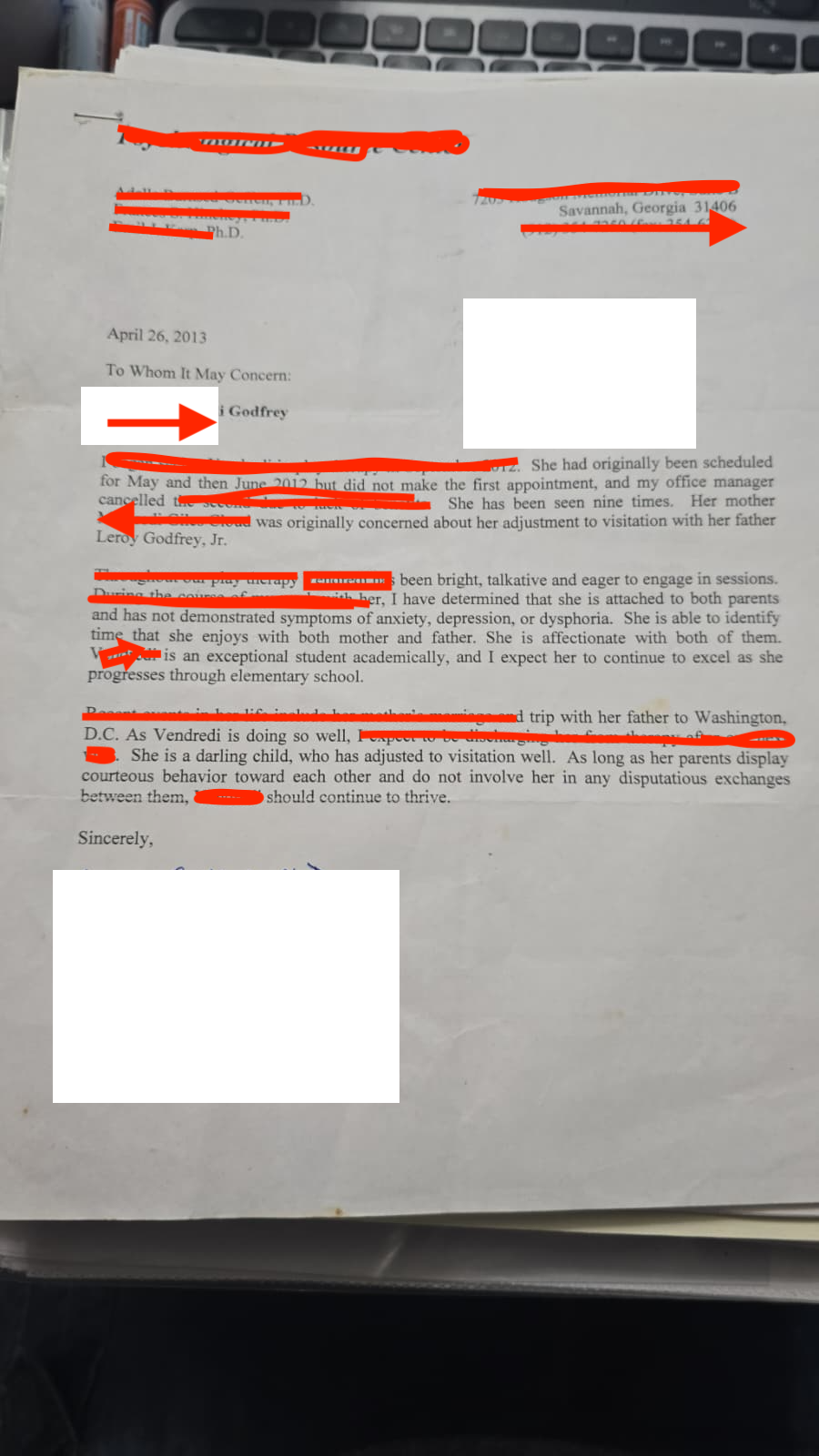 The April 26, 2013 letter, with identifying information about the clinical psychologist and her practice redacted to honor the document's confidentiality notice.