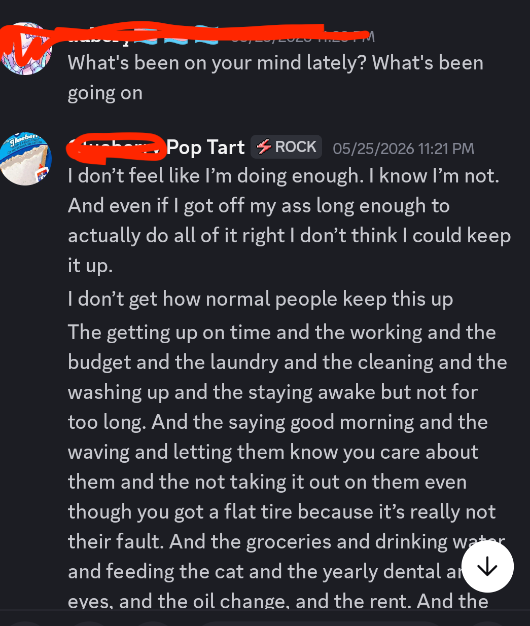 A redacted screenshot of a Discord message Vendredi sent to a close friend at 11:21 PM on May 25, 2026. Identifying information for the friend has been removed.