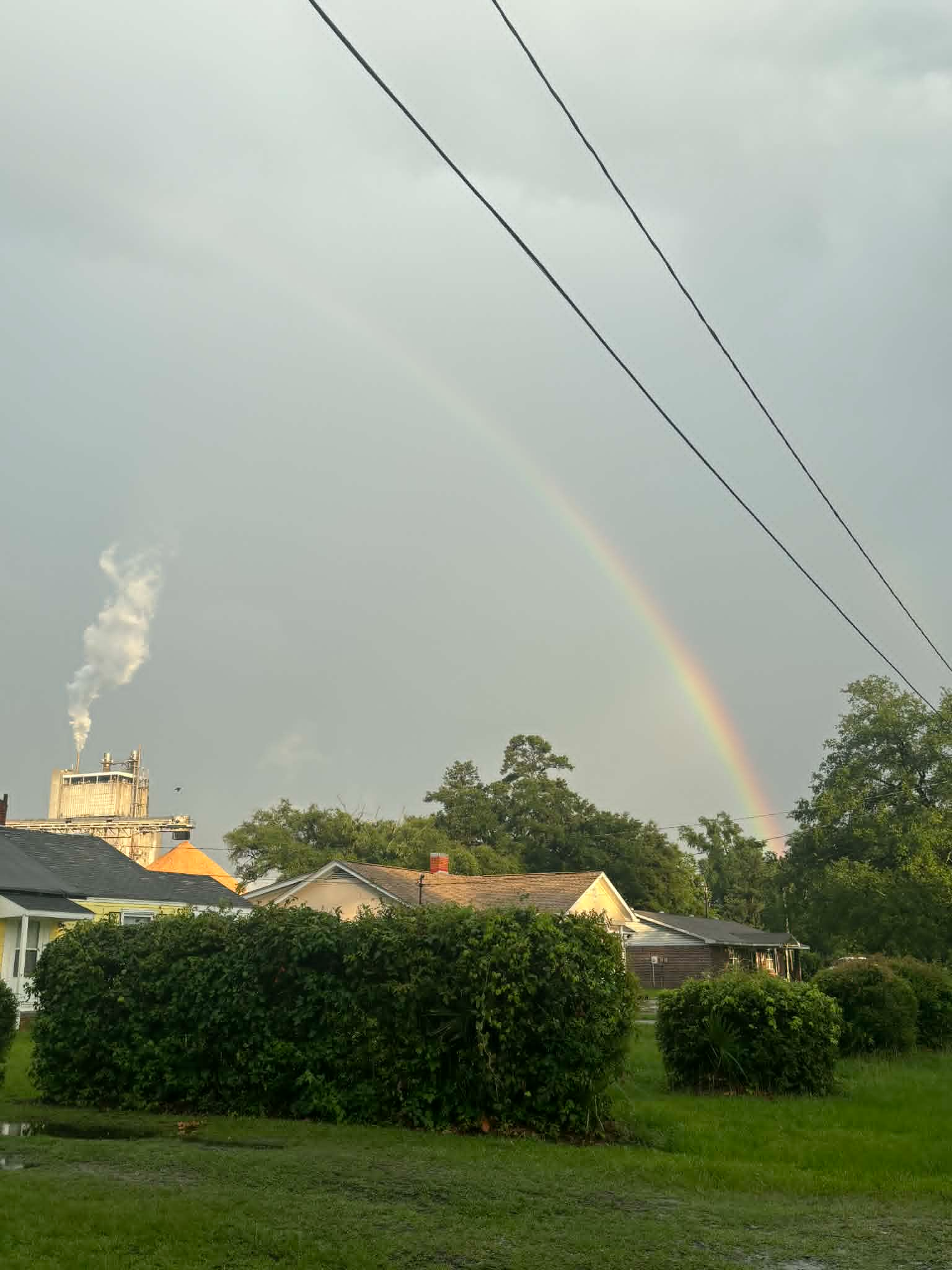 A rainbow over a residential street with a single house and trees in the foreground, sent by Stacie Rae as the rainbow she asked for and received on the Thursday after Vendredi's death.